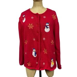 VTG Crystal Kobe Snowman Cardigan Holiday Cottagecore Red LG Granny Artsy